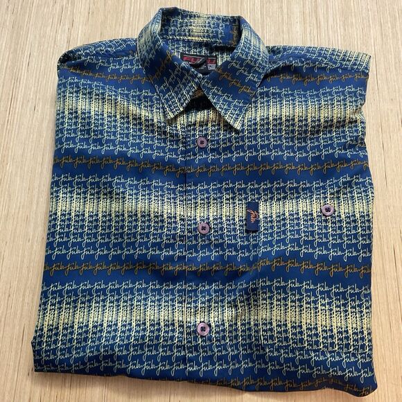 Fubu Shirt Mens Y2K XL Blue Yellow Orange Button Up Fubu Print Short Sleeve - Picture 6 of 8